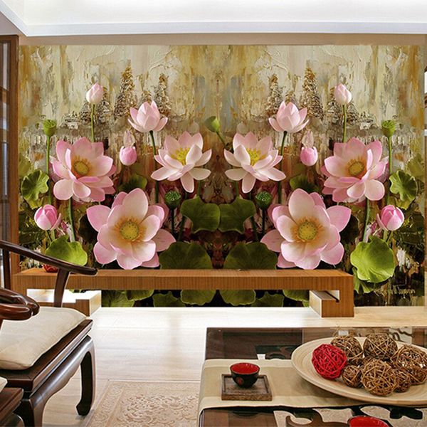 

custom papel mural embossed lotus wallpapers for living room entrance background p wall paper painting deco mural