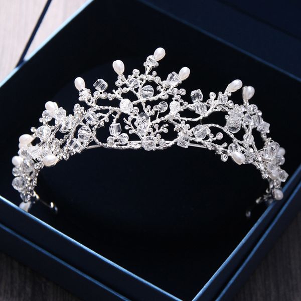 

plant handmade pearl rhinestone crown tiara for wedding bride silver alloy soft crown queen hair jewelry trendy tiara, Golden;white