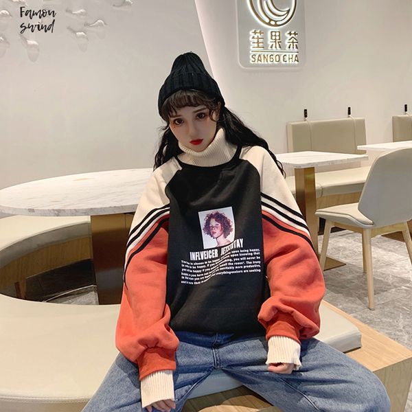 

женщины водолазку толстые plus бархатные теплые фуфайки отпечатано пуловеры женщин негабаритные лоскутная досуг chic harajuku перевозка груз, Black