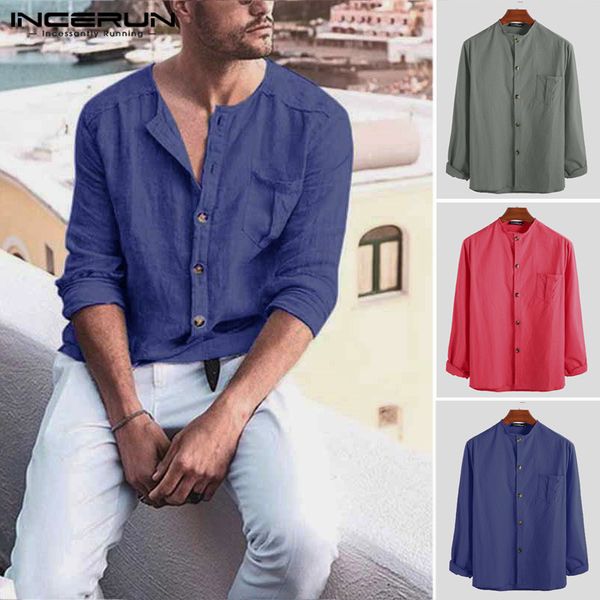 

incerun casual solid color shirt men cotton linen vacation button pockets vintage chic long sleeve men brand shirts chemise 2019, White;black