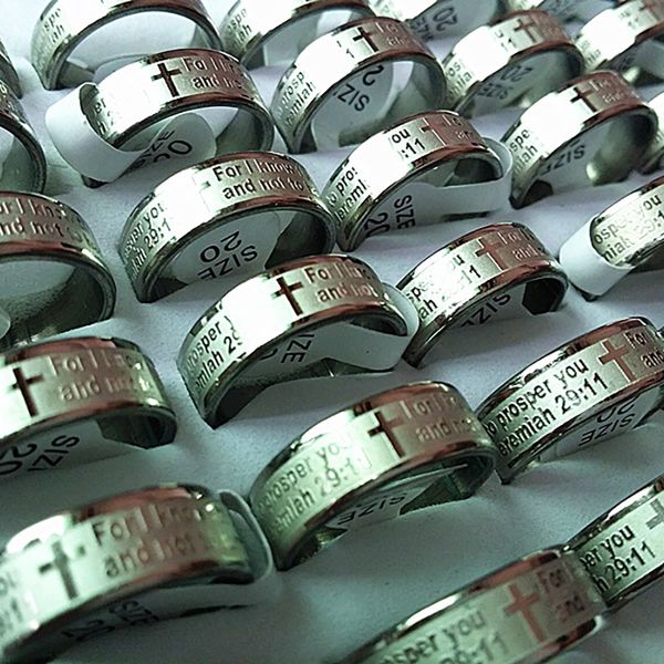 

wholesale lots brand new 25pcs bible jesus cross christian english jeremiah 29:11 stainless steel etching polished band ring, Silver