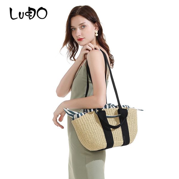 

lucdo women straw woven bag hand-woven handbag female shoulder bag portable seaside travel holiday beach rattan totes sac a main