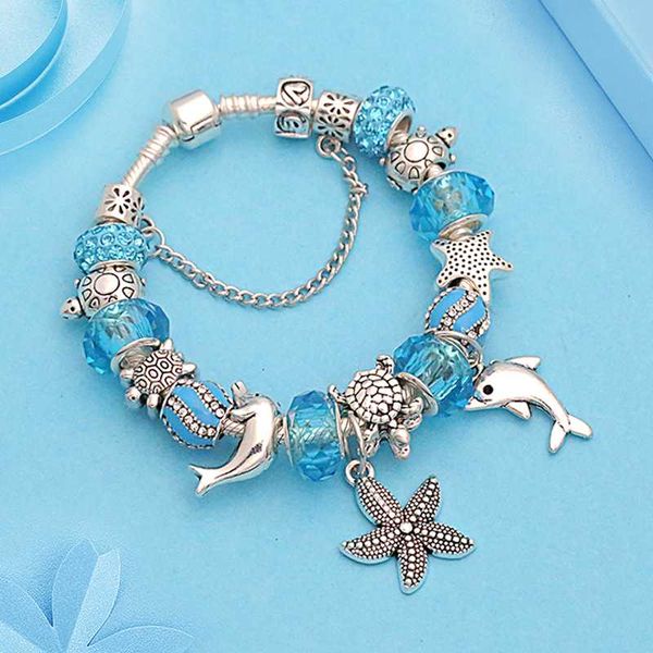 

классический blue crystal wave браслет antique silver color starfish dolhin diy океана животных шарм браслет pulsera hombre, Golden;silver