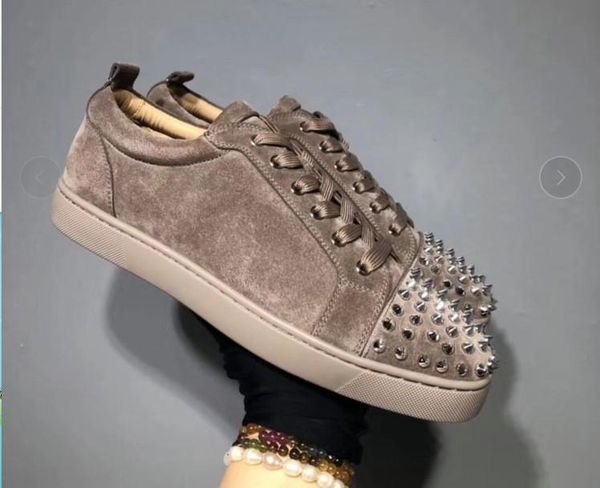 

designer sneakers red bottom spikes flat velours suede sneakers iron grey mens trainers 100% real leather party shoes s02, Black