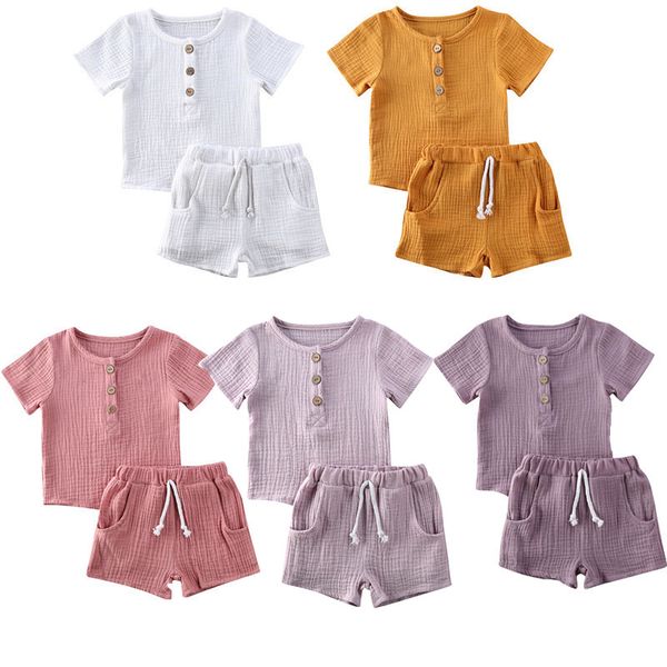 

clothing sets 2021 baby summer toddler kids boys cotton linen casual clothes t-shirt &pants short sleeve outfit 2pcs set, White