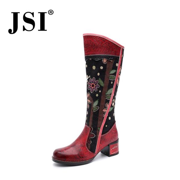 

jsi comfortable genuine leather women boots unique national printing round toe ladies shoes spring new knee-high boots je233, Black