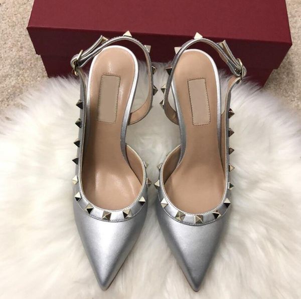 

2020 free shipping Fashion Women Lady sexy Wedding Shoes silver leather Poined Toes Slingback spikes Rivet high heels shoes pumps sandals