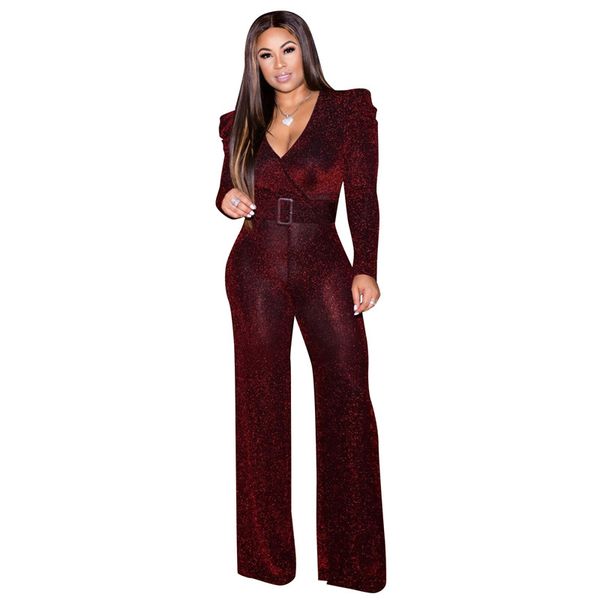 

golden silk high elastic jumpsuit women 2020 spring wine red casual v neck loose long sleeve belt wide leg pants feminina cx1112, Black;white
