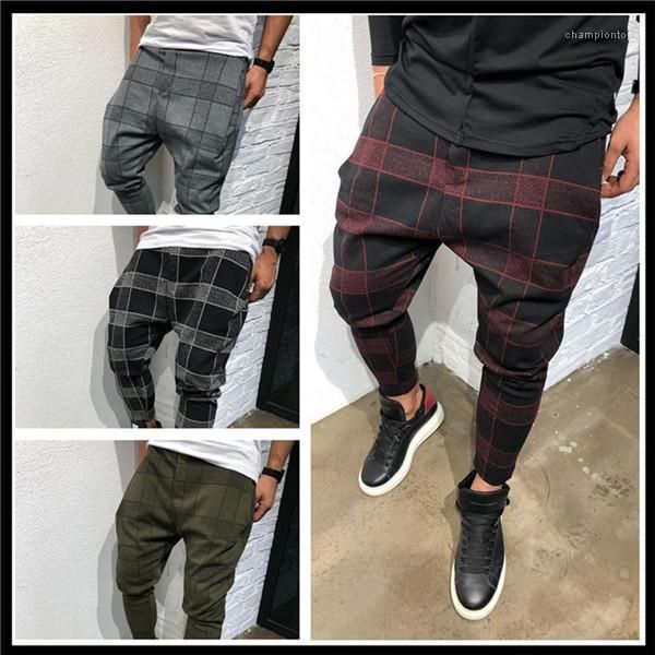 

designer casual pants drawstring long pencil pants fashion style new homme clothing casual apparel mens plaid print, Black