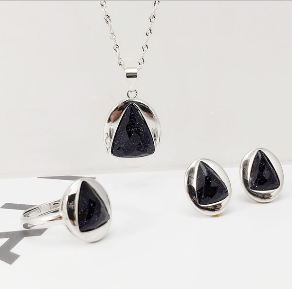 

blue opal/black onyx agate natural gem stone 925 sterling silver triangle vintage women jewelry set retro necklace earrings ring