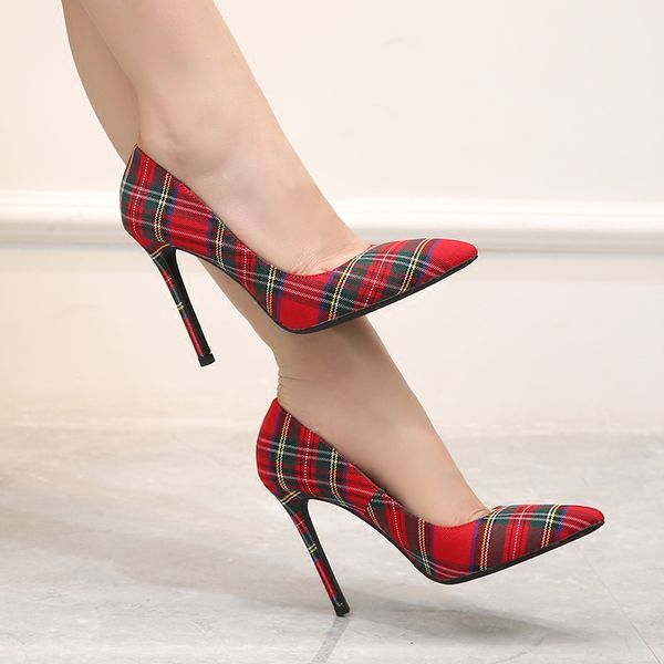 

stiletto heels women pumps red pointed plaid shoes women shallow high thin heels 2019 party wedding shoes grid cloth, Black