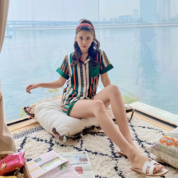 

spring and summer lapel fashion insta-famous home service lounge negligee ice silk thin section short-sleeved pajamas home suit, Black;red