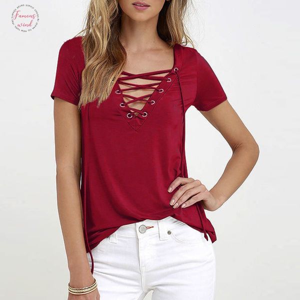 

new fashion solid female t shirt short sleeve deep v neck bandage women lace up black casual tee femme, White