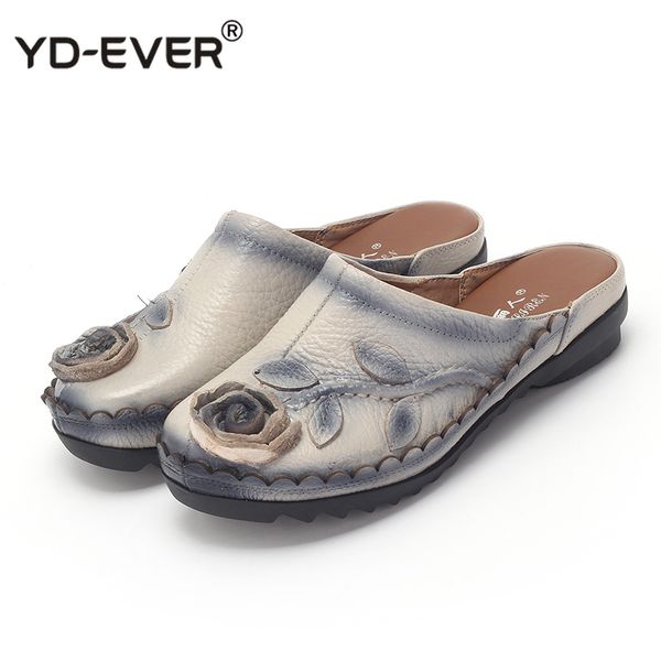 

summer slippers genuine leather shoes women slides flower handmade comfortable women flat sandals, Black