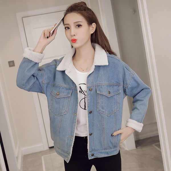 

large size 2019 autumn and winter new style retro lambs wool jeans coat women's loose-fit fold-down collar brushed and thick cot, Blue;black