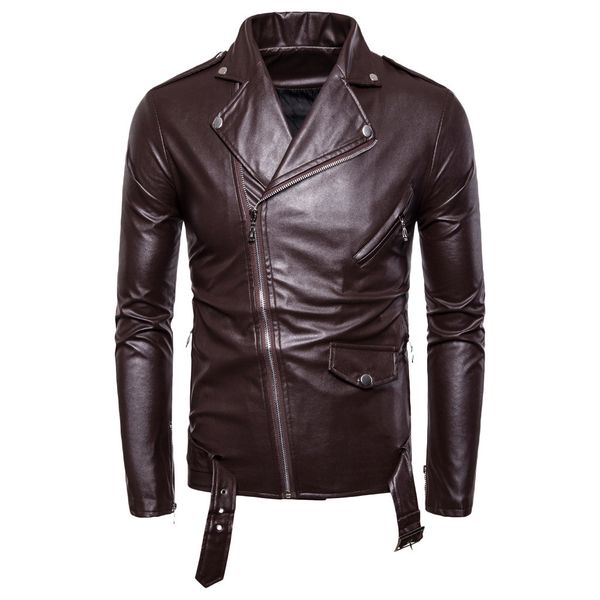 

feitong fashion leather jacket men's autumn winter retro zipper turn-down collar jackets solid long sleeved coat, Black;brown