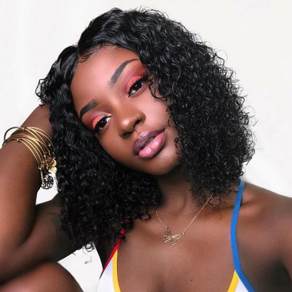 

alibele short curly bob lace front wigs pre plucked brazilian remy hair wig 13x4 inch lace front human hair wig for black women, Black;brown