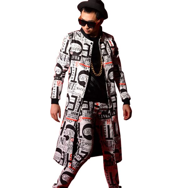 

letter printing male trench jacket men fashion casual slim fit long trench coat custom made stage show costumes, Tan;black