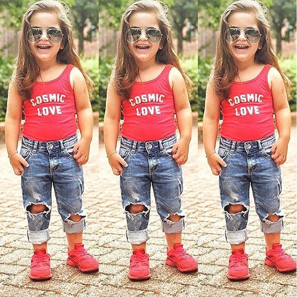 

toddler kids baby girls t-shirt +jeans pants summer outfits clothes 2pcs set, White