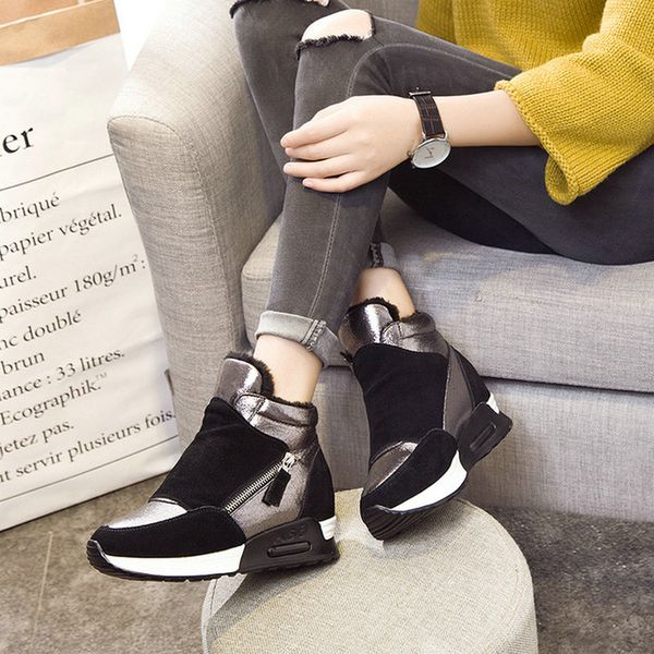 

2019 brand new classic women high casual sneakers shoes wedges hidden heel platform height increasing flats warm shoes ll-18, Black