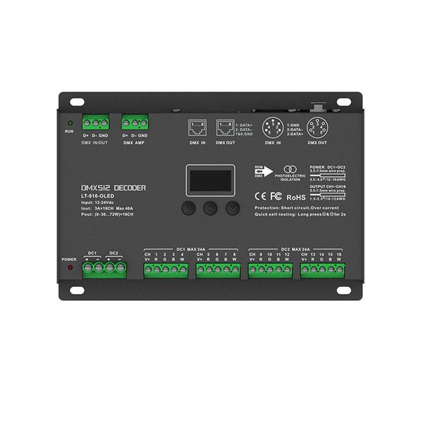 Freeshipping novo LED DMX-PWM Descodificador DC12-24V entrada 3A * 16CH saída máxima 48A 1152W XLR-3 / RJ45 / terminal Verde porto 16 do canal descodificador