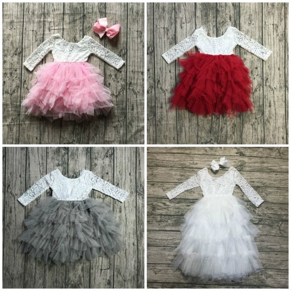 

new radiant pink wine white gorgeous gray tulle dress tutu kids wear baby girls boutique children clothes long sleeve match bow t200526