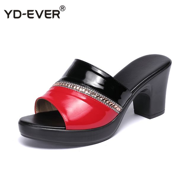 

women slipper's 2020 ladies summer slippers genuine leather shoes women high heels fashion rhinestone summer shoes, Black