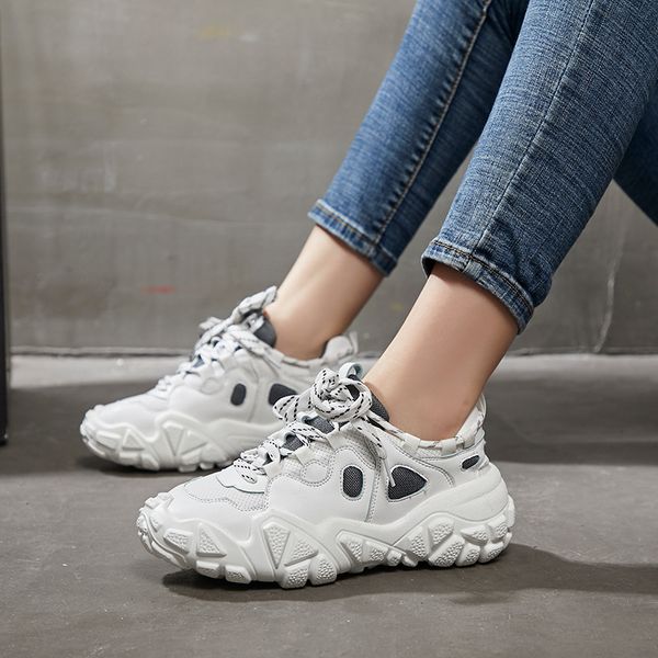 

loecktty 2019 spring new leather women's platform chunky sneakers fashion women flat thick sole shoes woman dad footwear