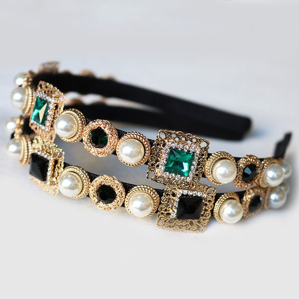 

new hairband baroque crown crystal headband vintage metal headdress fashion pearl hair jewelry wedding accessories bijoux, Golden;white