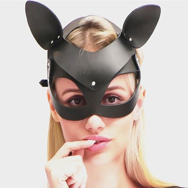 

2019 women new vintage leather hair cosplay catwalk rivet leather head mask rabbit retro hallowee party head costume jewelry, Golden;white