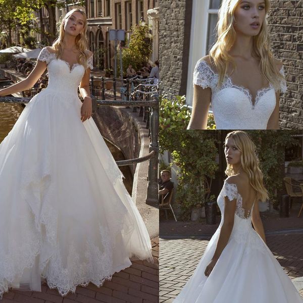 

modest lace wedding dresses appliqeus sweetheart short sleeves backless floor length tulle wedding dresses bridal gown vestidos de novi, White