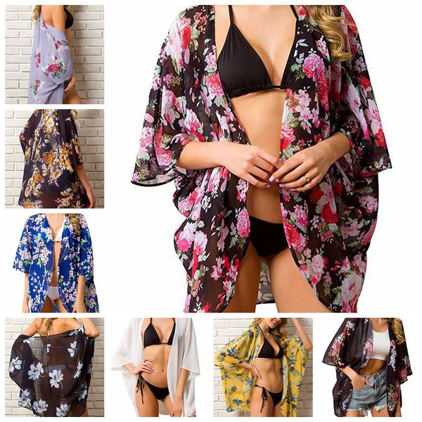

spot 2021 european spring and summer leisure vacation beach printing sunscreen trend chiffon blouse, support mixed batch, White;black