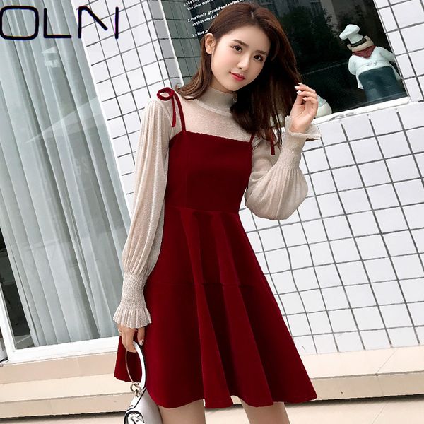 

2020 new korean version suspender dress slim velvet pure temperament elegant youth dress, Black;gray