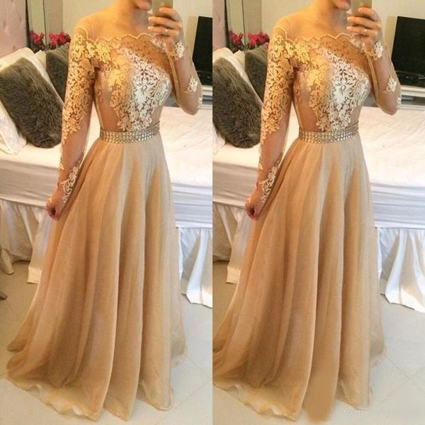 

2020 gold champagne lace long sleeves prom dresses bateau pearls waist long lace appliques organza vestidos evening dresses, Black