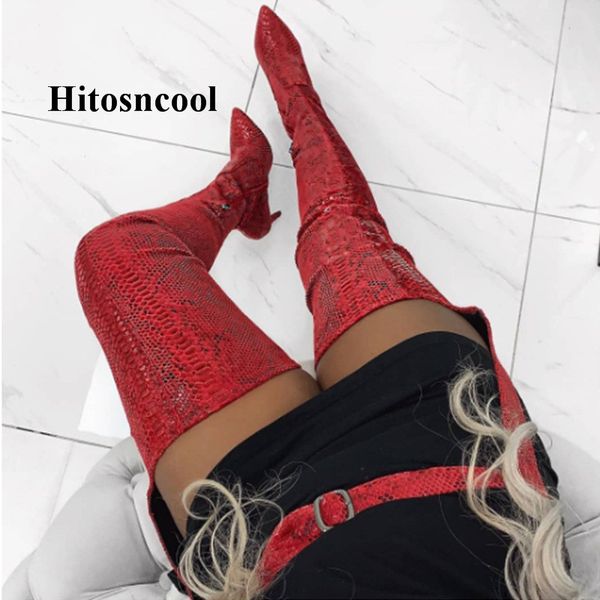 

new autumn women high waist belted boots red snakeskin high heels over the knee crotch boots fashion ladies shoes design, Black