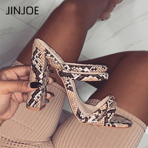 

jinjoe summer new women slippers leopard snake print open toe outer wear stiletto high heel slipper square heel sandals, Black