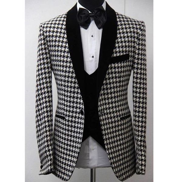 

tailor made houndstooth wedding suits for mens groomsmen prom tuxedos custom man blazer set jacket vent with black pants, White;black
