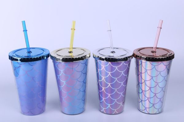 

the latest 16oz creative universal fish scale shape ps solid color straw cup leak-proof double-layer plastic straw cup