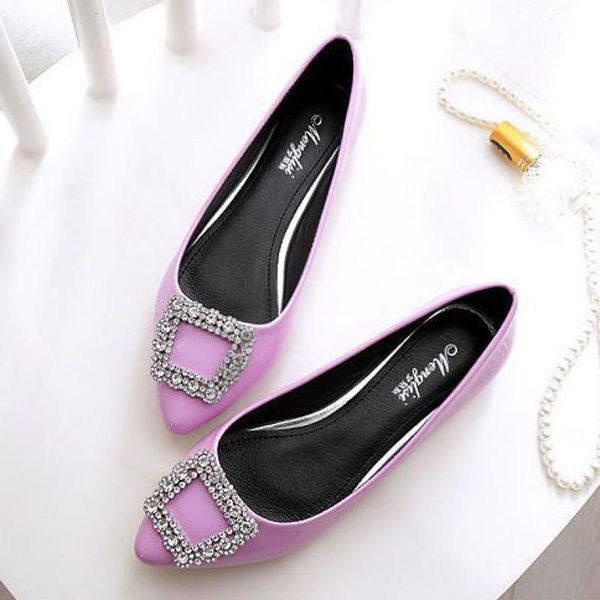 

women patent leather pointed toe crystal shoes rhinestones buckles bridal flat wedding shoe loafers slip on shallow comfort shoe, Black