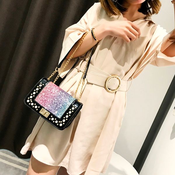 

women sequins colorful leather crossbody bag for women small square chain leather handbags phone bag shoulder bags #38