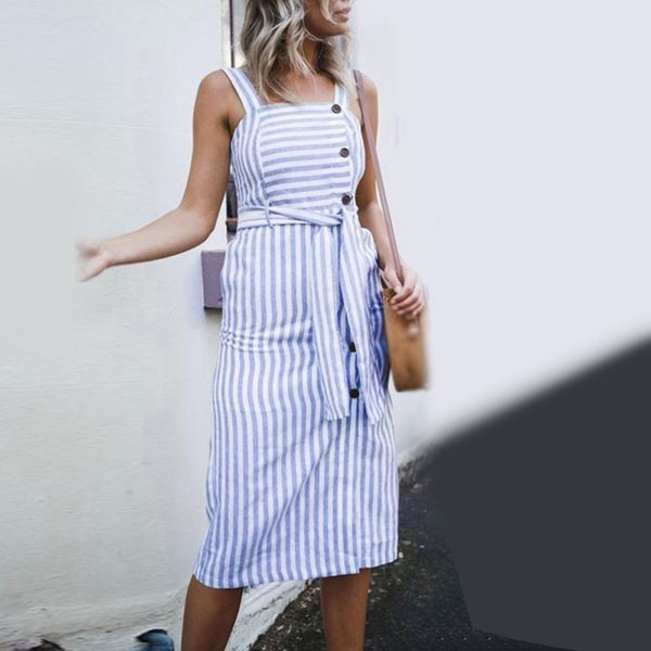 

women knee dress fashion casual strappy striped mid-waist backless holiday party split belt dress, Black;gray