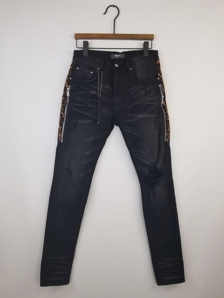 

falection 19fw usa fashion california amimike jeans denim pants with leopard patch zipper jeans, Blue