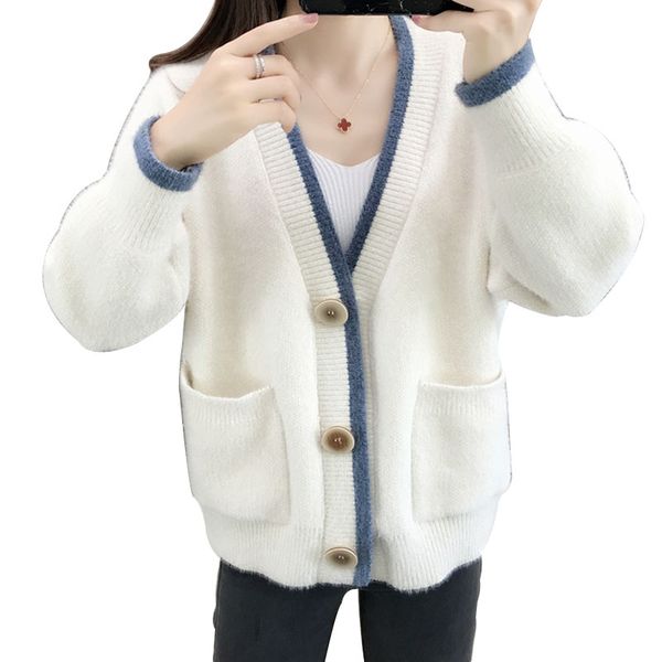 

autumn and winter new knit cardigan solid color sweater coat big button female loose long sleeve thick shirt, White