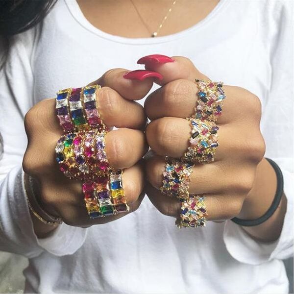 

luxury wide rainbow cz band ring for women lady gift gold color gorgeous trendy full finger rings c19041201, Slivery;golden