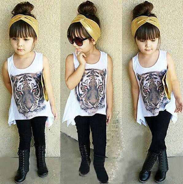 

2015 baby kids girls tiger shirt +solid pants 2pcs outfits set clothes 1-6, White