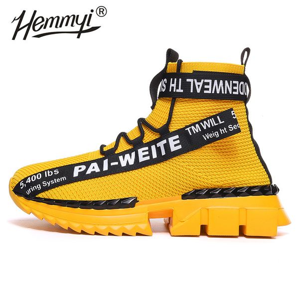 

hemmyi mens sports shoes flying woven breathable high-socks shoes running comfortable large size yellow sneakers 39-46
