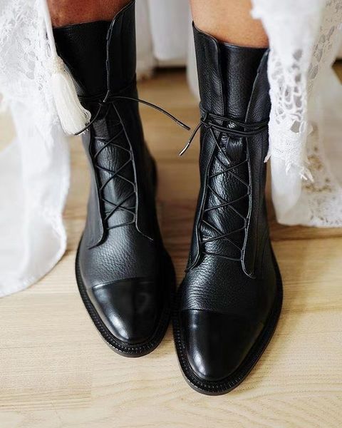 

dihope women ankle boot platform lace up buckle shoes female thick flat heel short boot ladies comfort casual footwear plus size, Black