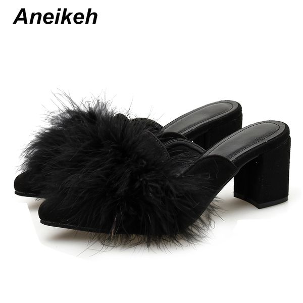 

aneikeh fashion flock women heeled sandals pumps slip-on square high heels dress lady shoe spointed end slingback sandals black