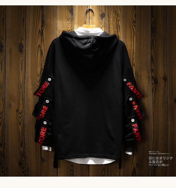 

japanese ribbon red letters streetwear teen slim leisure fake two hooded hoodies men cotton pullover tracksuit clothing fashion, Black