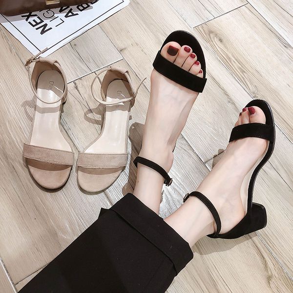

buckle strap female sandal velvet shoes beige heeled sandals 2020 summer open toe all-match clear heels med espadrilles, Black